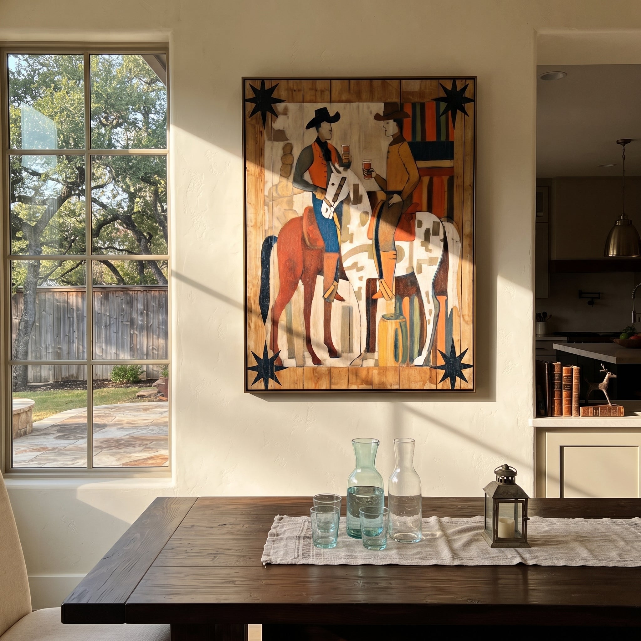 Two Riders Share Timber - cowboy horse pair painting by Savannah Reed, modern folk art vertical wall art – styled room scene view 4