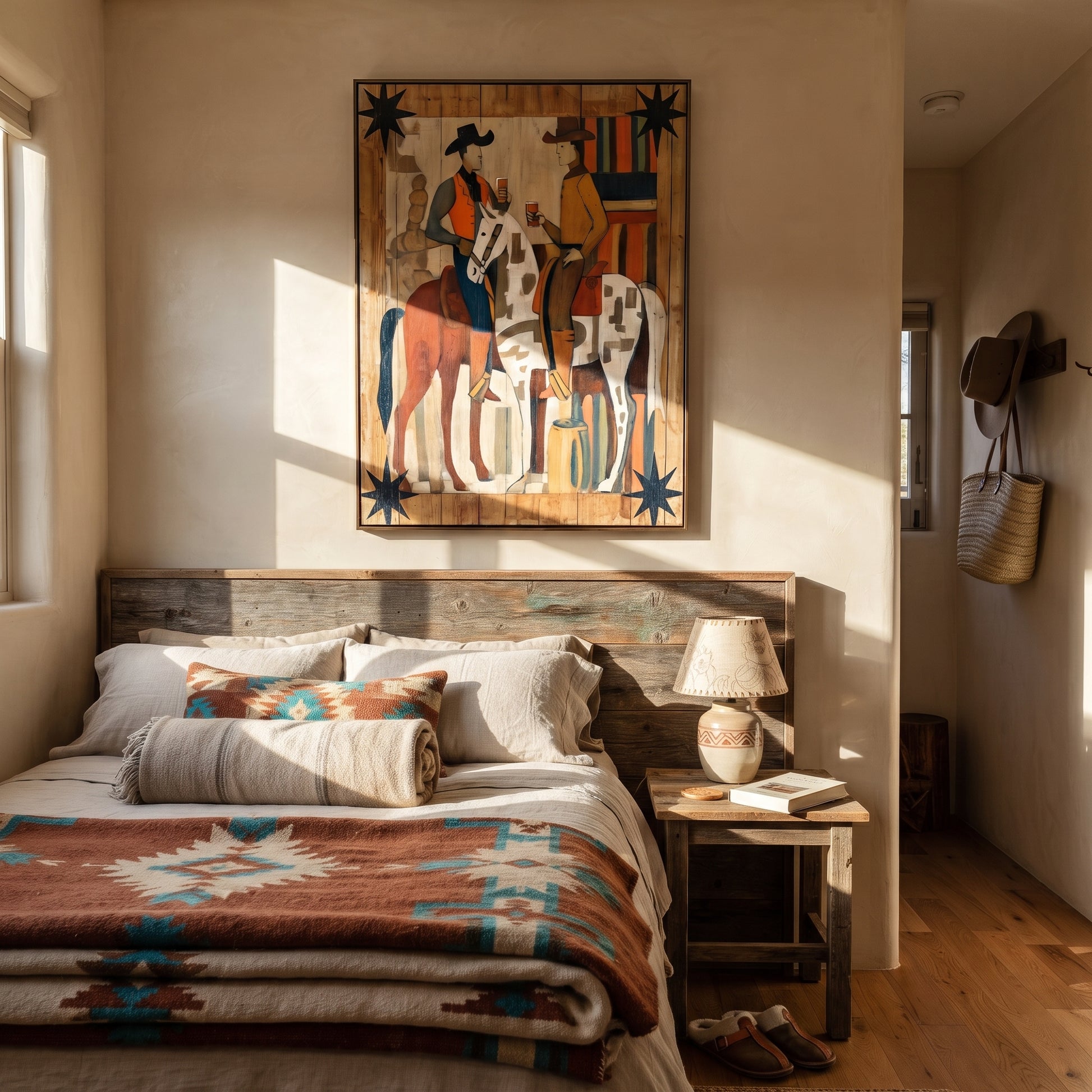 Two Riders Share Timber - cowboy horse pair painting by Savannah Reed, modern folk art vertical wall art – styled room scene view 5