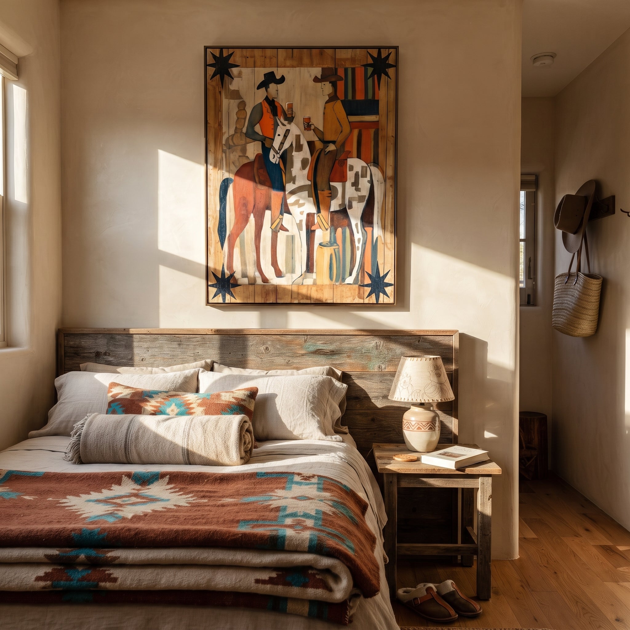 Two Riders Share Timber - cowboy horse pair painting by Savannah Reed, modern folk art vertical wall art – styled room scene view 5