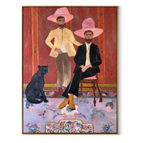 Pink Hats Keep Company - cowboy dog interior painting by Savannah Reed, modern folk art vertical wall art – wood frame on white background
