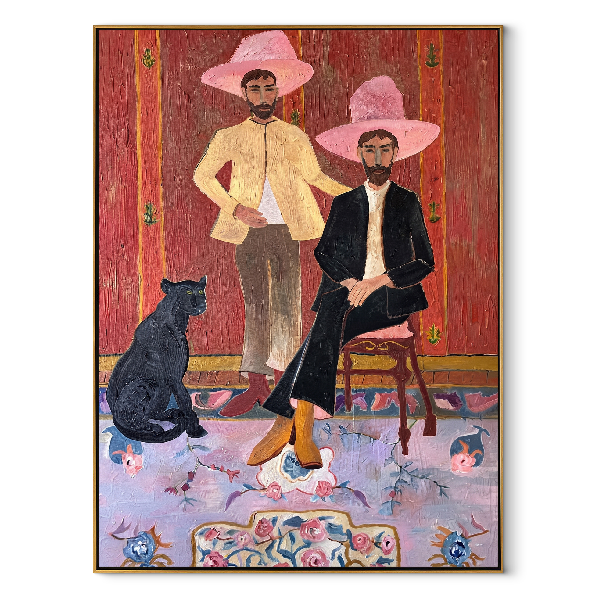 Pink Hats Keep Company - cowboy dog interior painting by Savannah Reed, modern folk art vertical wall art – wood frame on white background