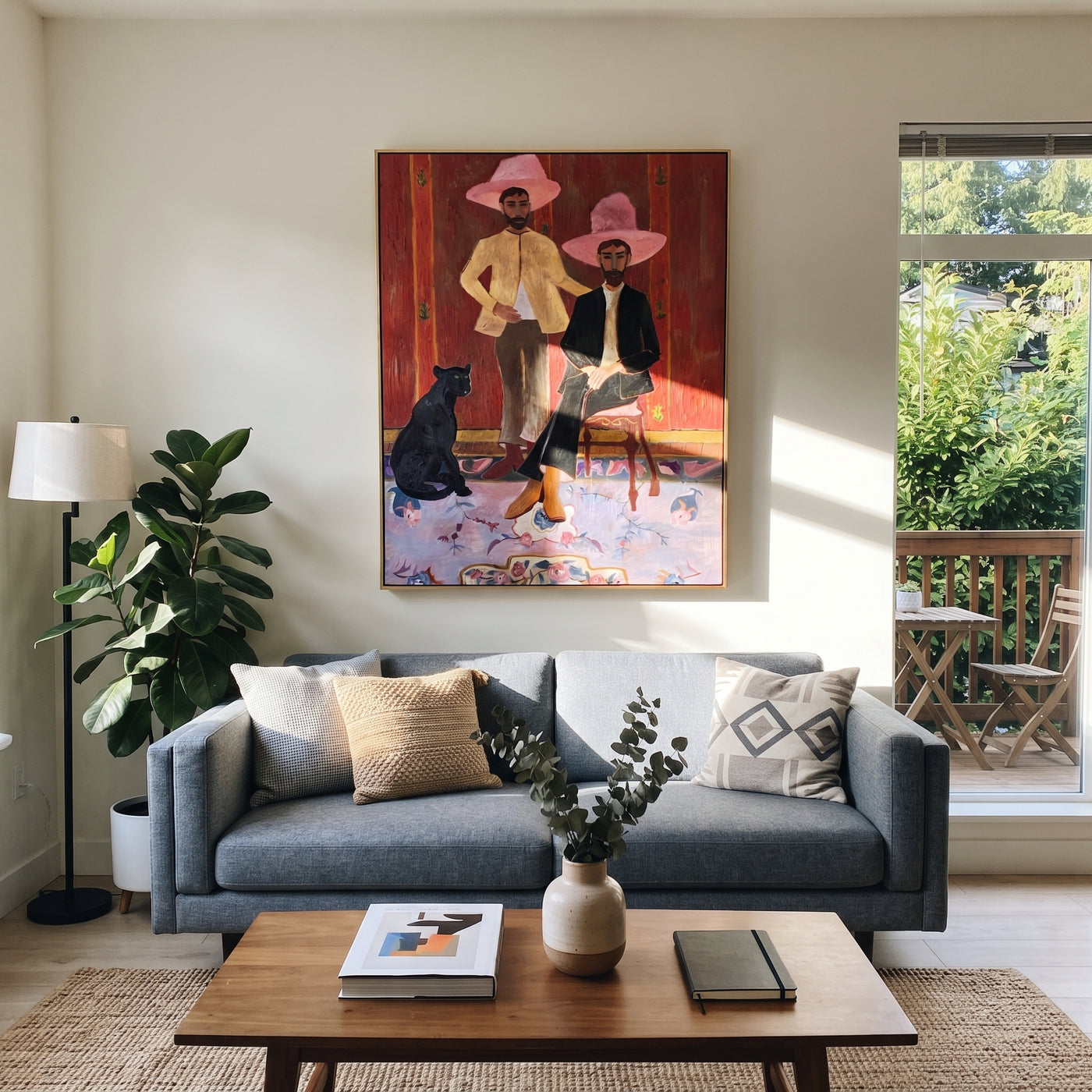 Pink Hats Keep Company - cowboy dog interior painting by Savannah Reed, modern folk art vertical wall art – styled room scene view 2