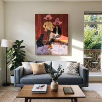 Pink Hats Keep Company - cowboy dog interior painting by Savannah Reed, modern folk art vertical wall art – styled room scene view 2