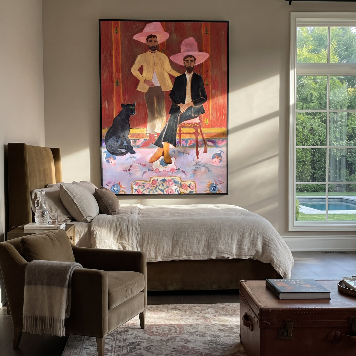 Pink Hats Keep Company - cowboy dog interior painting by Savannah Reed, modern folk art vertical wall art – styled room scene view 3