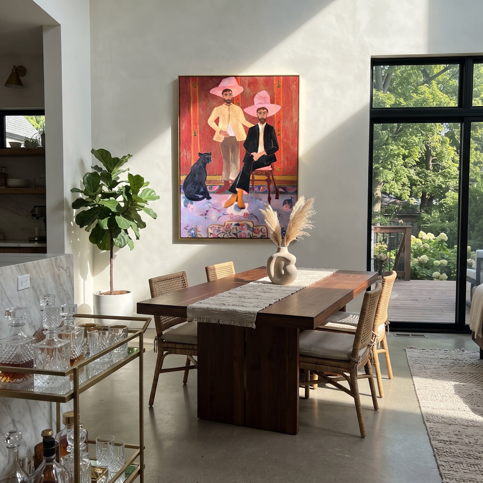 Pink Hats Keep Company - cowboy dog interior painting by Savannah Reed, modern folk art vertical wall art – styled room scene view 4