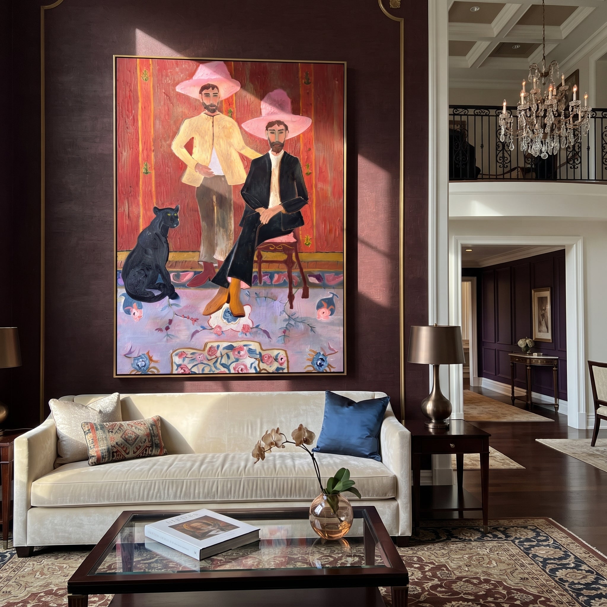 Pink Hats Keep Company - cowboy dog interior painting by Savannah Reed, modern folk art vertical wall art – styled room scene view 5