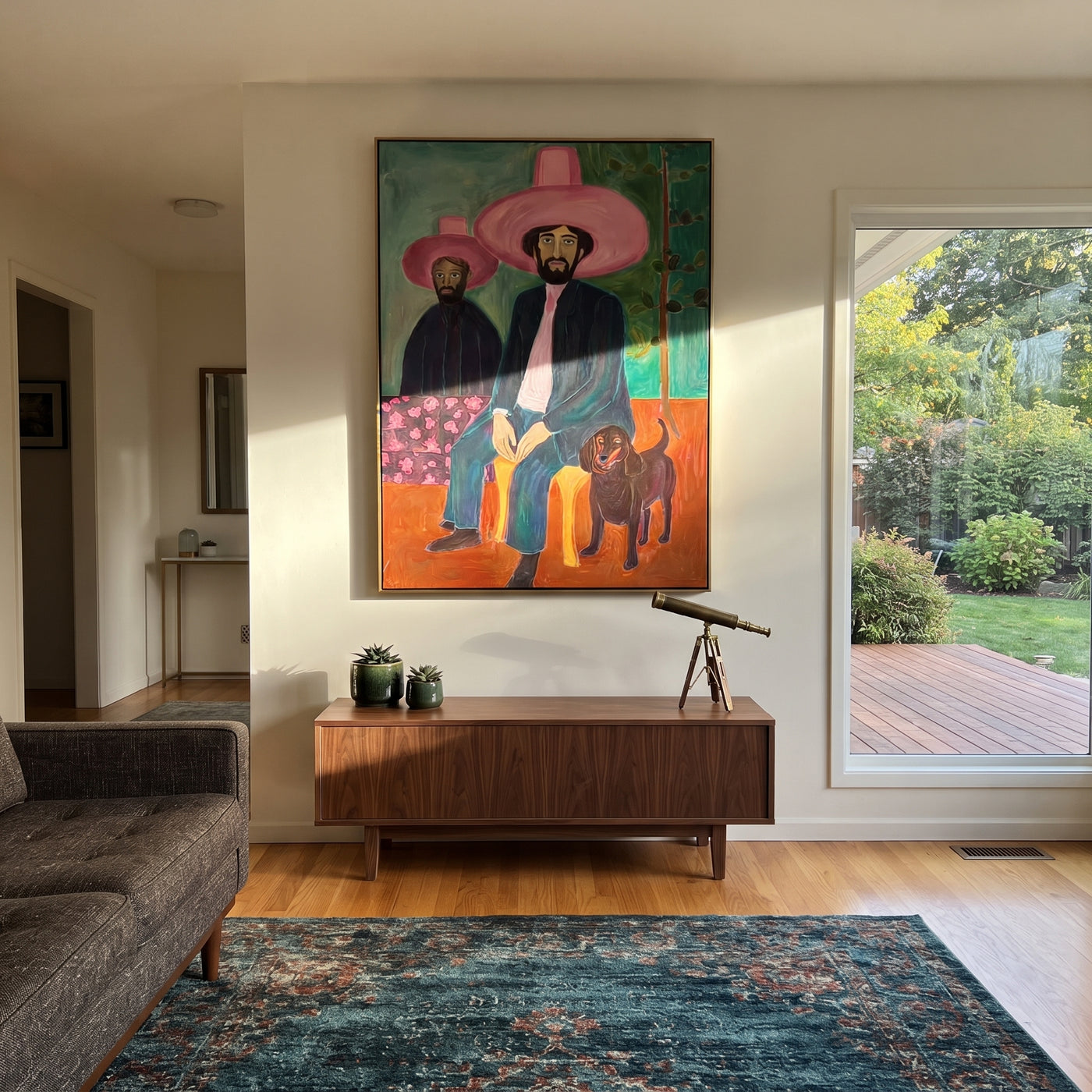 Pink Brims Shelter Hound - pink hat cowboy painting by Savannah Reed, modern folk art vertical wall art – styled room scene view 1