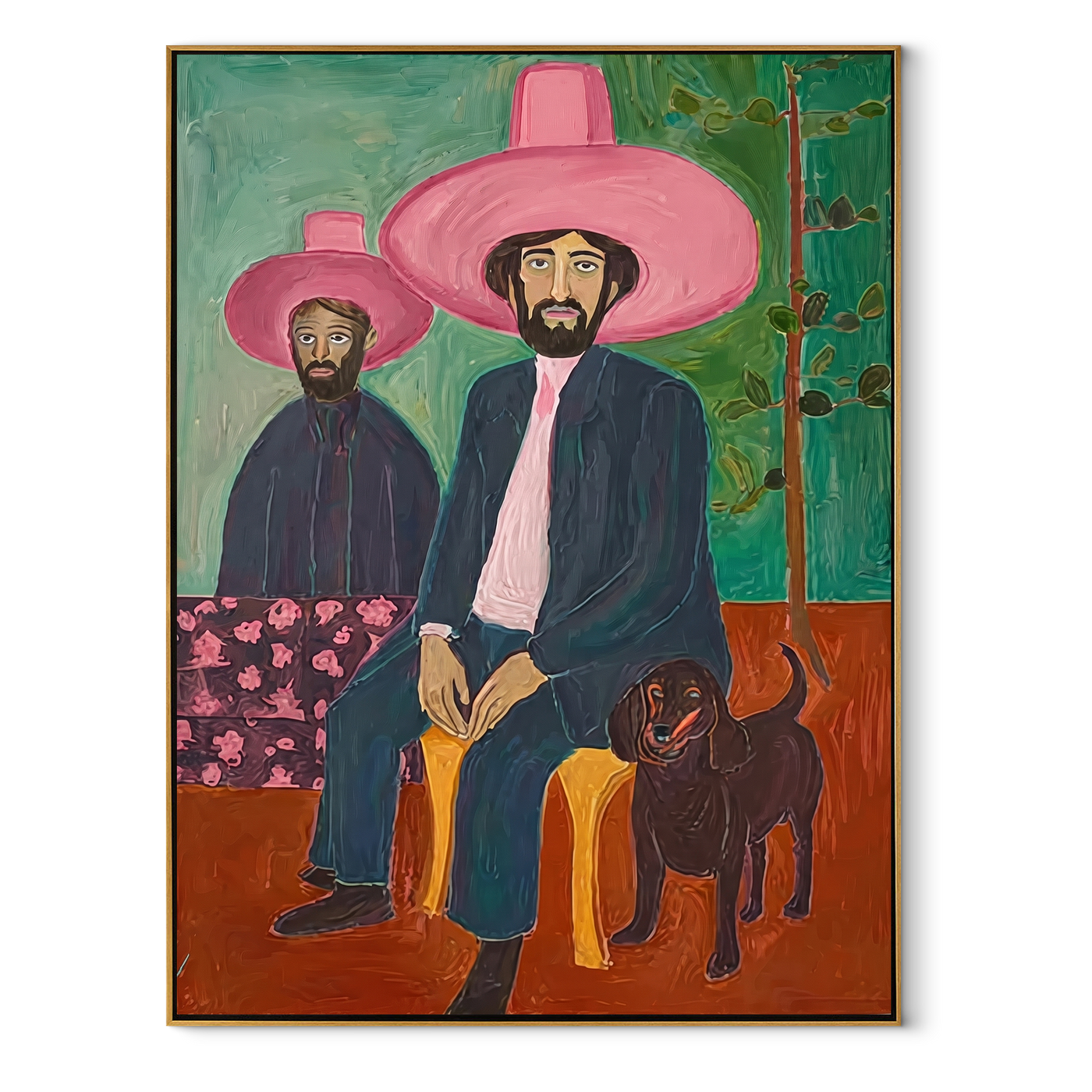 Pink Brims Shelter Hound - pink hat cowboy painting by Savannah Reed, modern folk art vertical wall art – wood frame on white background