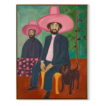 Pink Brims Shelter Hound - pink hat cowboy painting by Savannah Reed, modern folk art vertical wall art – wood frame on white background