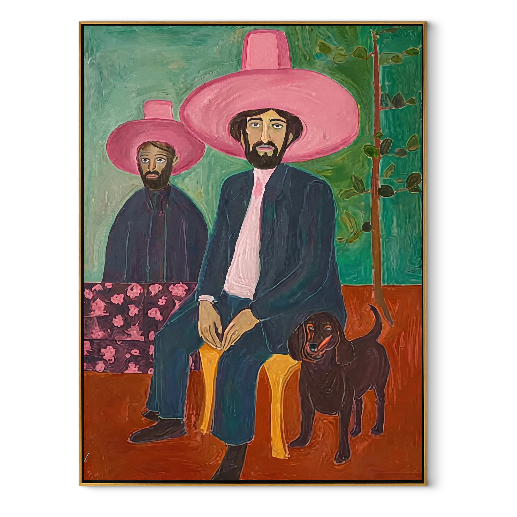 Pink Brims Shelter Hound - pink hat cowboy painting by Savannah Reed, modern folk art vertical wall art – wood frame on white background