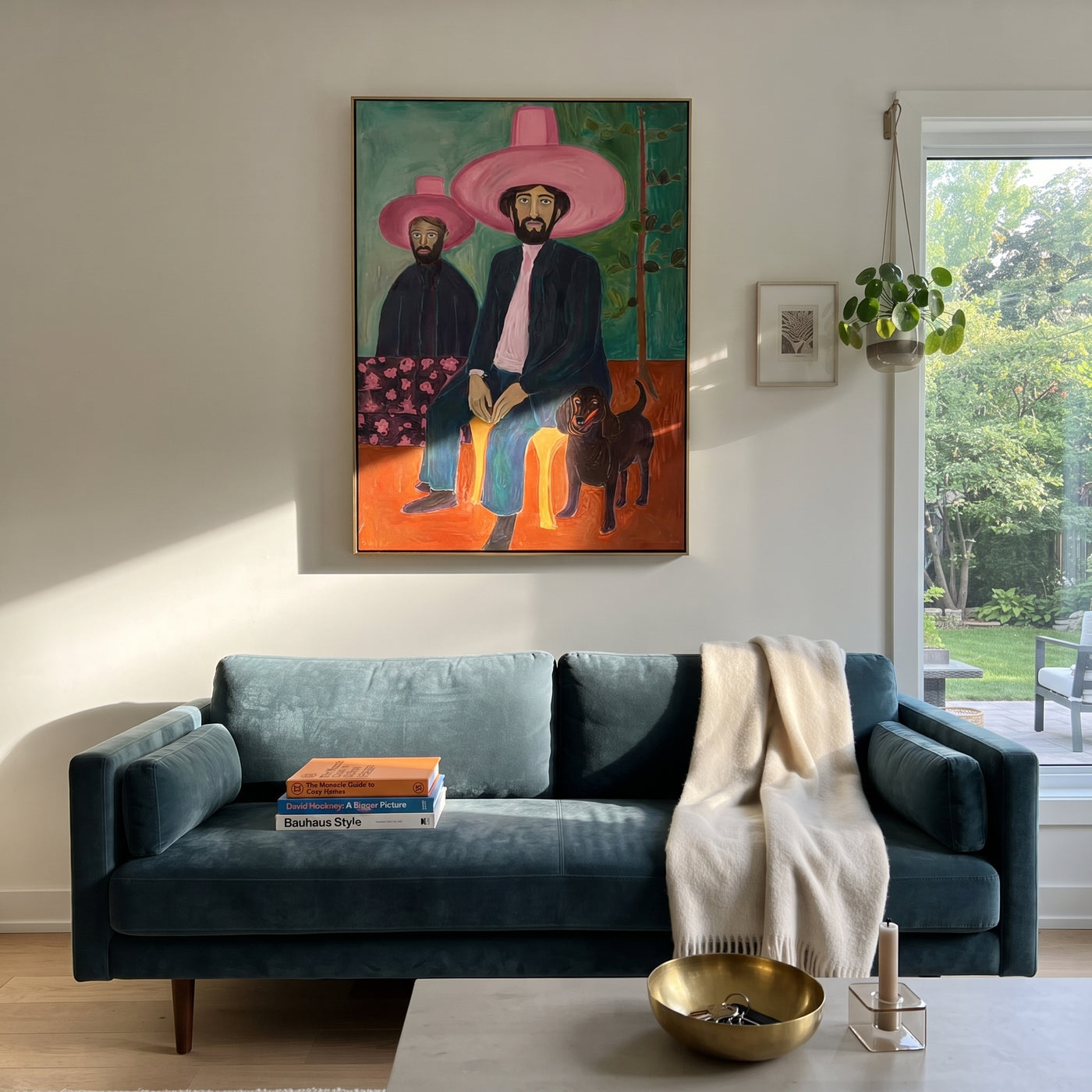 Pink Brims Shelter Hound - pink hat cowboy painting by Savannah Reed, modern folk art vertical wall art – styled room scene view 2
