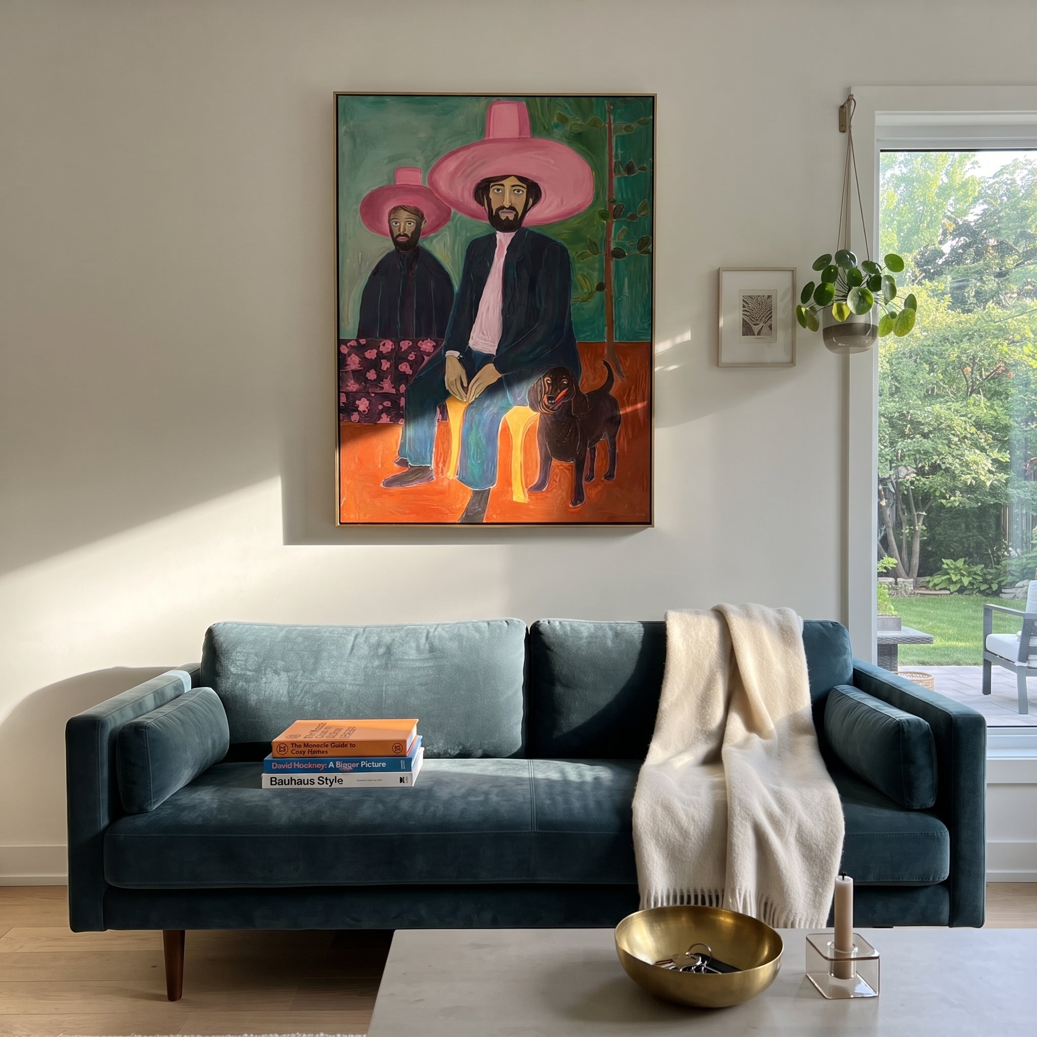 Pink Brims Shelter Hound - pink hat cowboy painting by Savannah Reed, modern folk art vertical wall art – styled room scene view 2