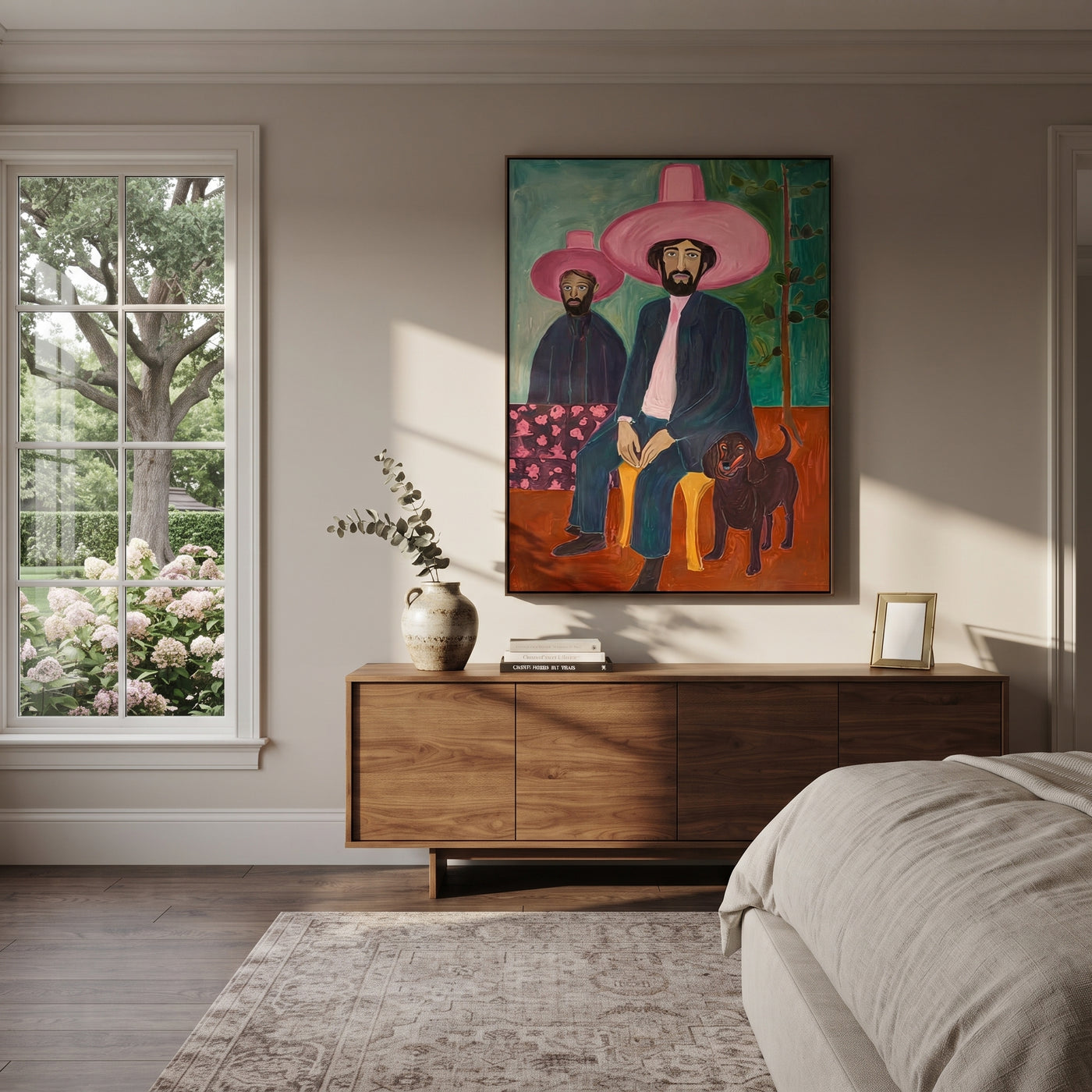 Pink Brims Shelter Hound - pink hat cowboy painting by Savannah Reed, modern folk art vertical wall art – styled room scene view 3