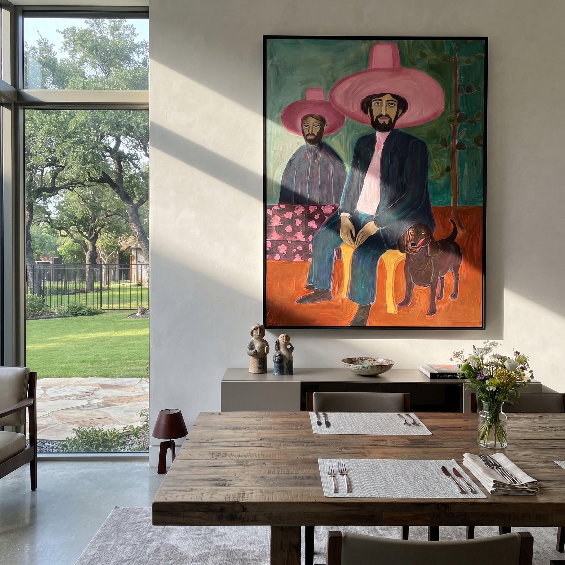 Pink Brims Shelter Hound - pink hat cowboy painting by Savannah Reed, modern folk art vertical wall art – styled room scene view 4