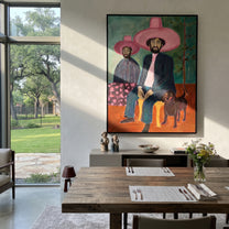 Pink Brims Shelter Hound - pink hat cowboy painting by Savannah Reed, modern folk art vertical wall art – styled room scene view 4