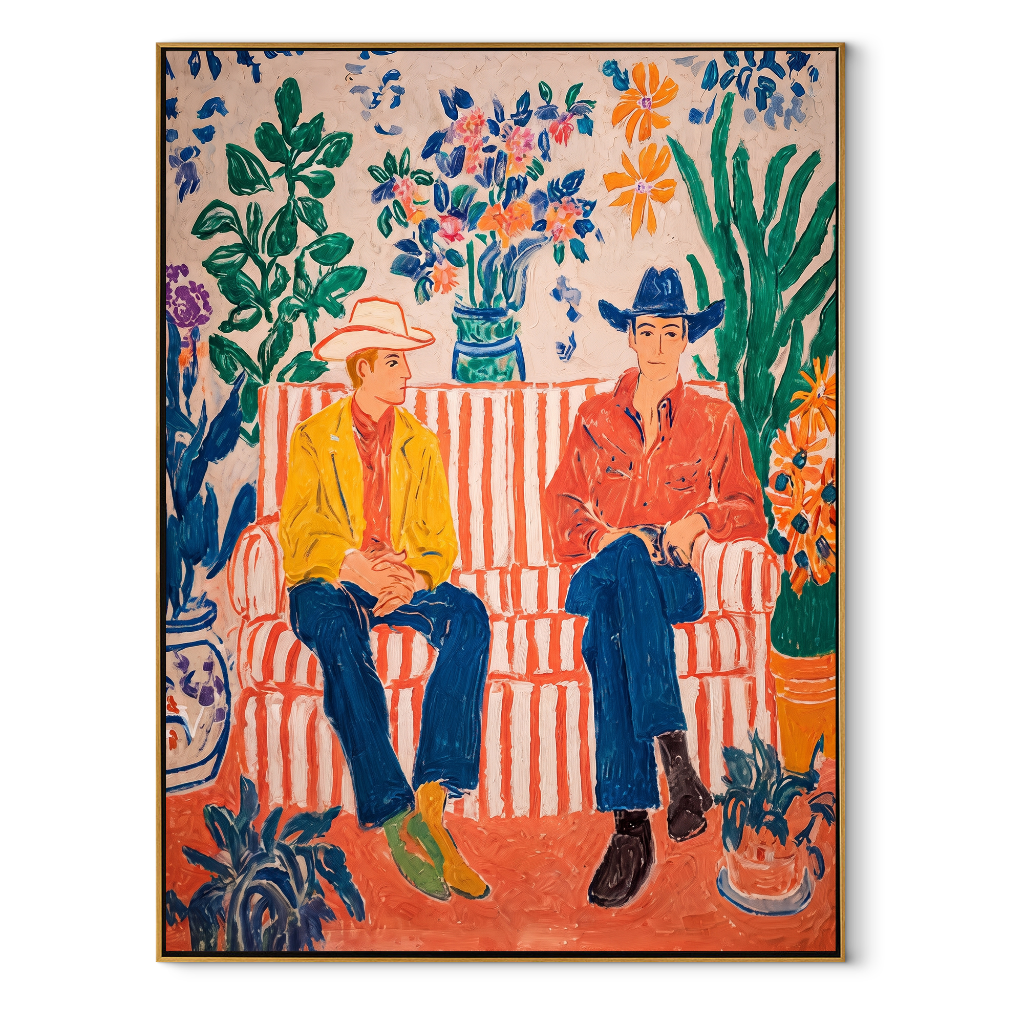 Striped Sofa Grows Wild - floral cowboy sofa painting by Savannah Reed, modern folk art vertical wall art – wood frame on white background