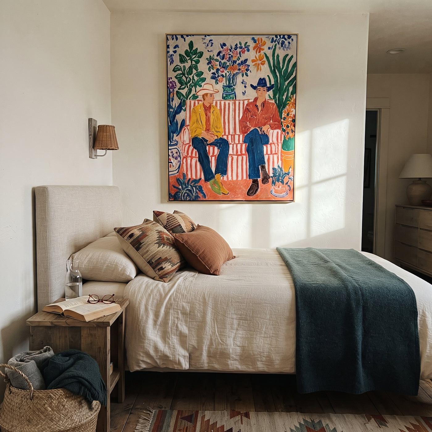 Striped Sofa Grows Wild - floral cowboy sofa painting by Savannah Reed, modern folk art vertical wall art – styled room scene view 2