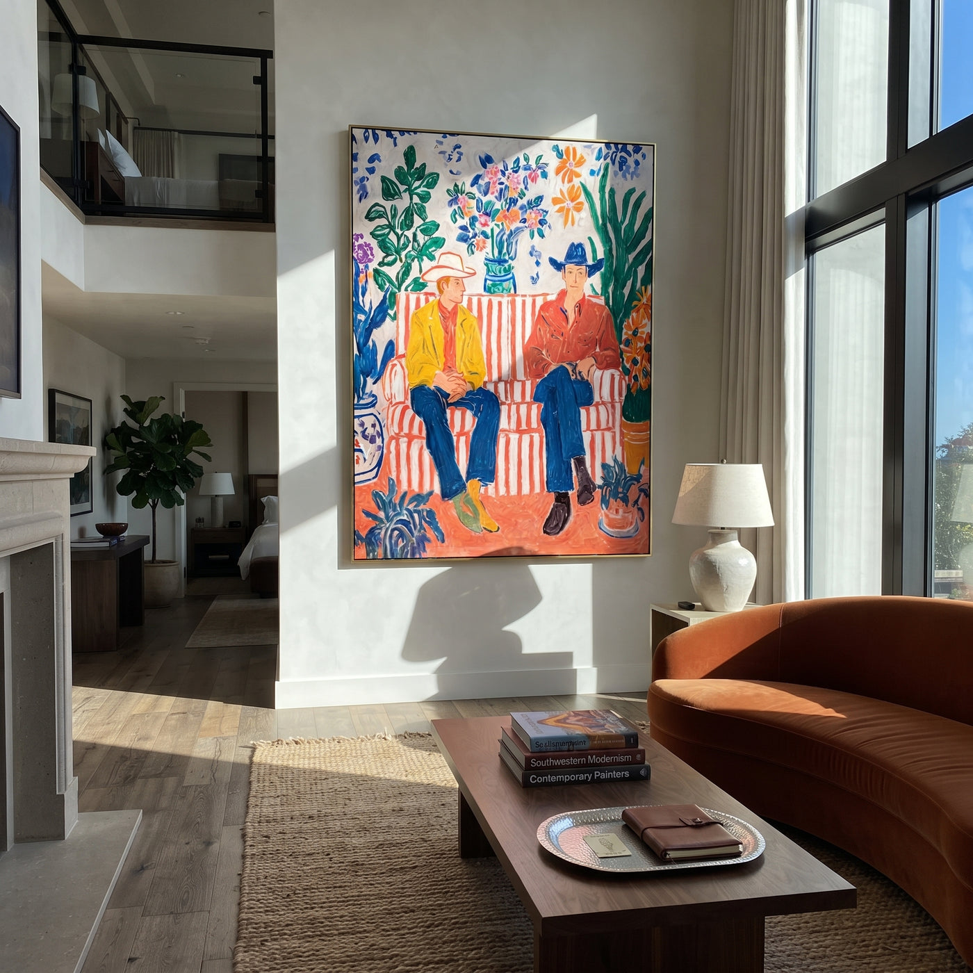 Striped Sofa Grows Wild - floral cowboy sofa painting by Savannah Reed, modern folk art vertical wall art – styled room scene view 3