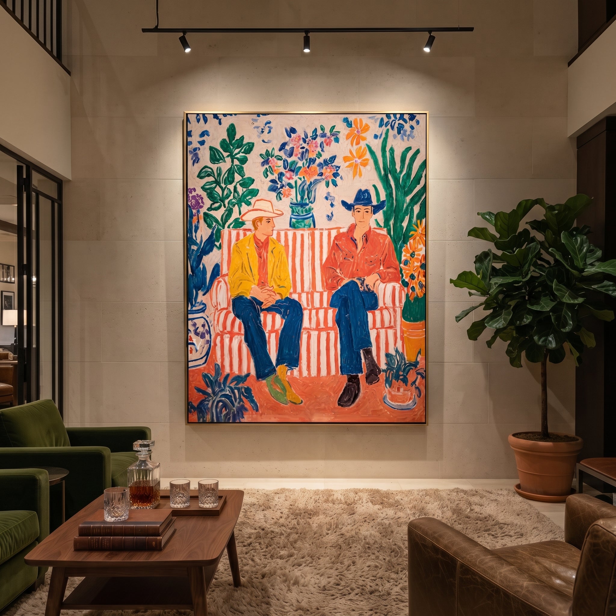 Striped Sofa Grows Wild - floral cowboy sofa painting by Savannah Reed, modern folk art vertical wall art – styled room scene view 4
