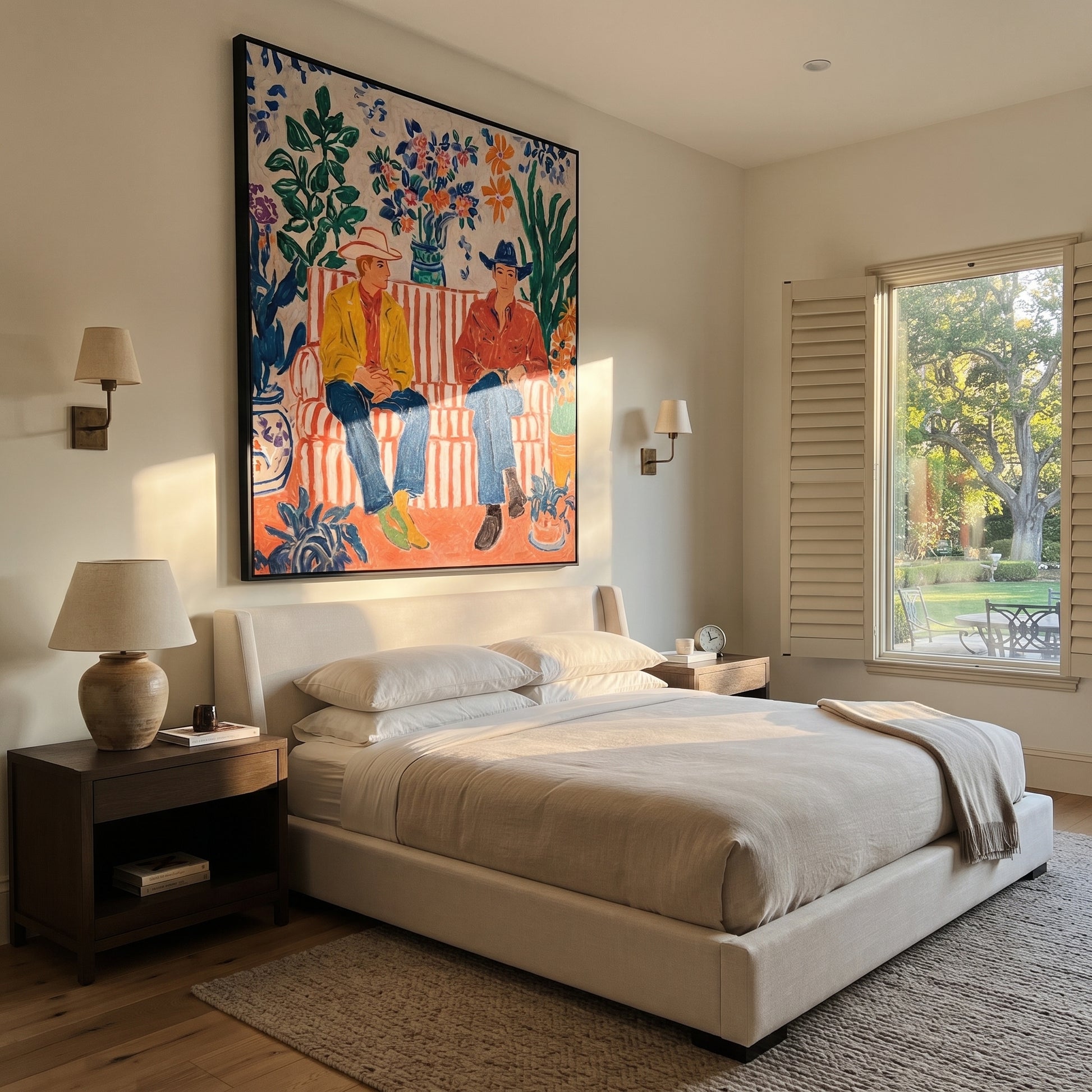Striped Sofa Grows Wild - floral cowboy sofa painting by Savannah Reed, modern folk art vertical wall art – styled room scene view 5
