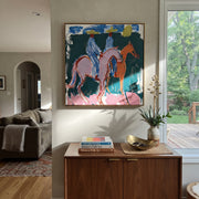 Blue Stripes Cross Teal - blue horse riders painting by Savannah Reed, modern folk art square wall art – styled room scene view 1