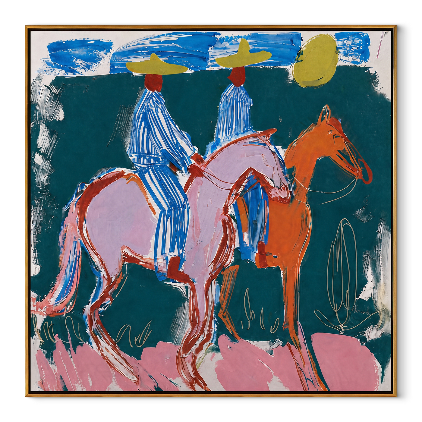 Blue Stripes Cross Teal - blue horse riders painting by Savannah Reed, modern folk art square wall art – wood frame on white background