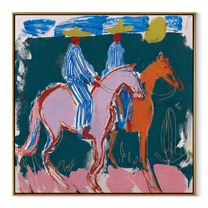 Blue Stripes Cross Teal - blue horse riders painting by Savannah Reed, modern folk art square wall art – wood frame on white background