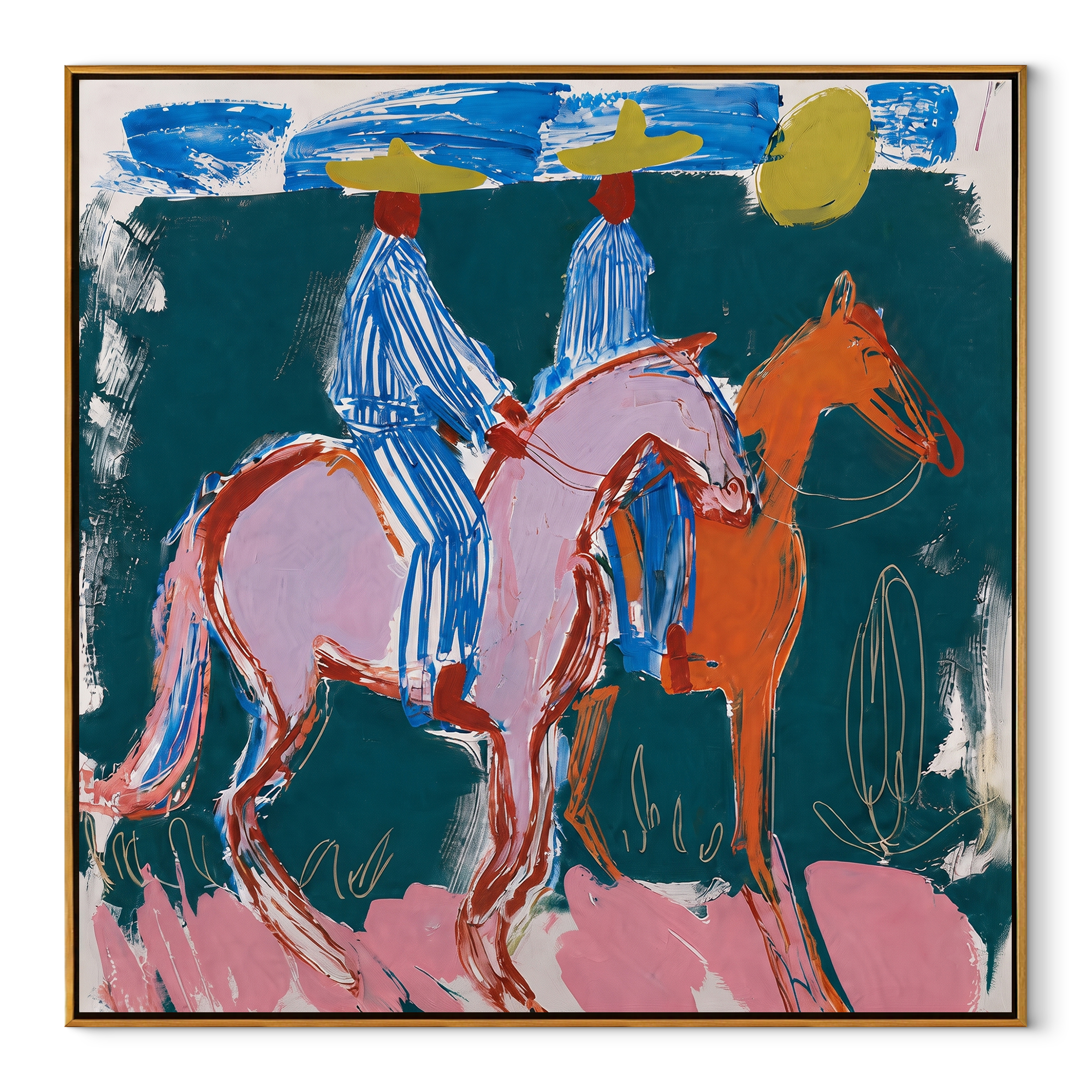Blue Stripes Cross Teal - blue horse riders painting by Savannah Reed, modern folk art square wall art – wood frame on white background