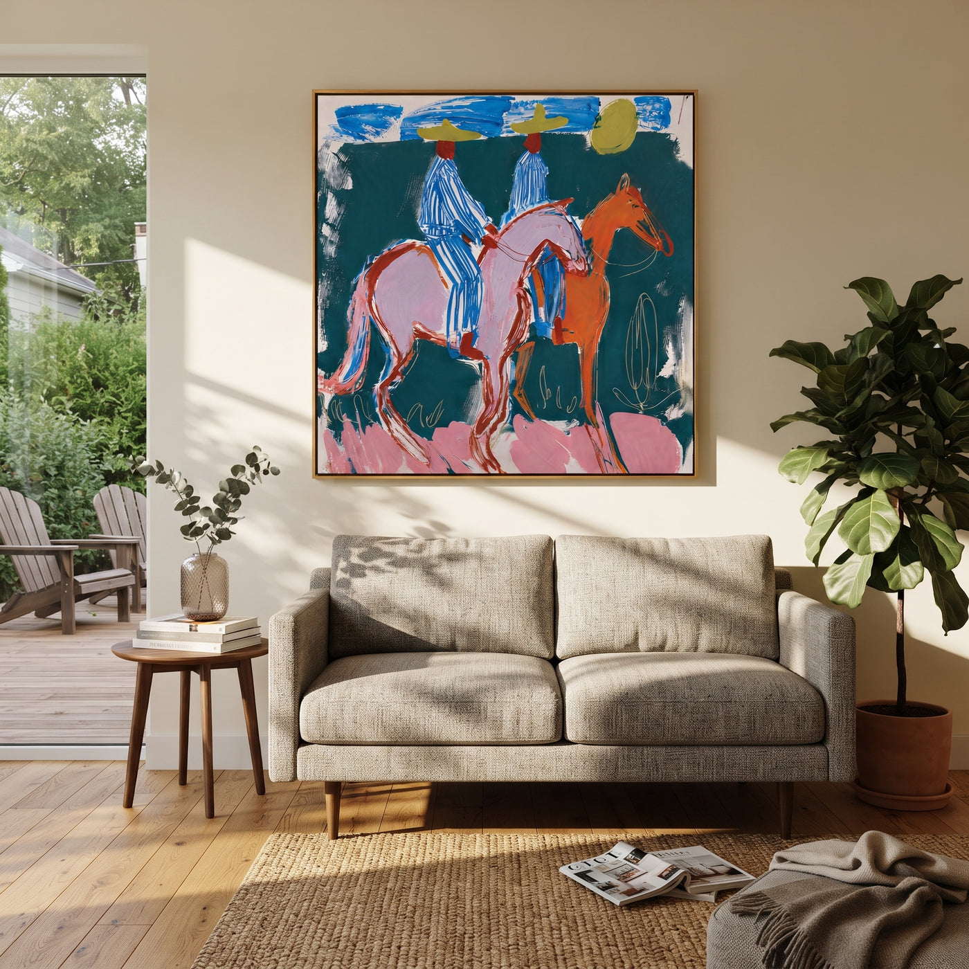 Blue Stripes Cross Teal - blue horse riders painting by Savannah Reed, modern folk art square wall art – styled room scene view 2