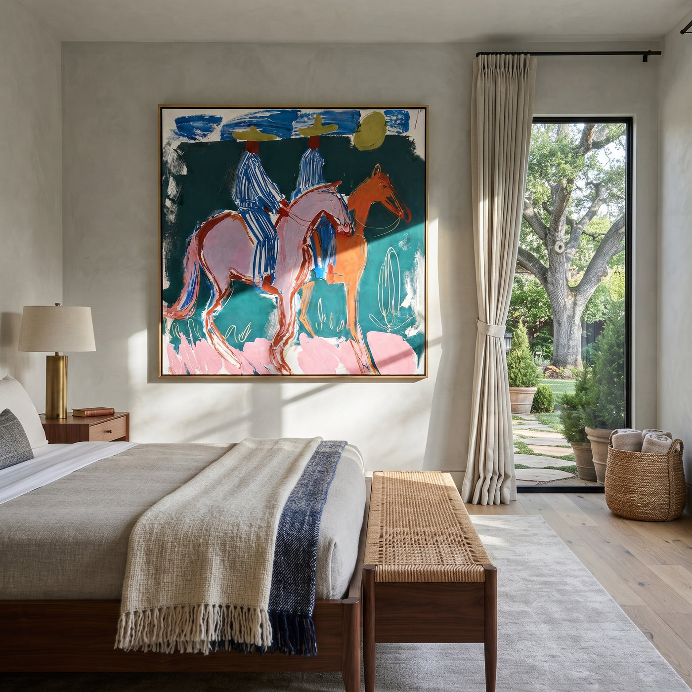 Blue Stripes Cross Teal - blue horse riders painting by Savannah Reed, modern folk art square wall art – styled room scene view 3