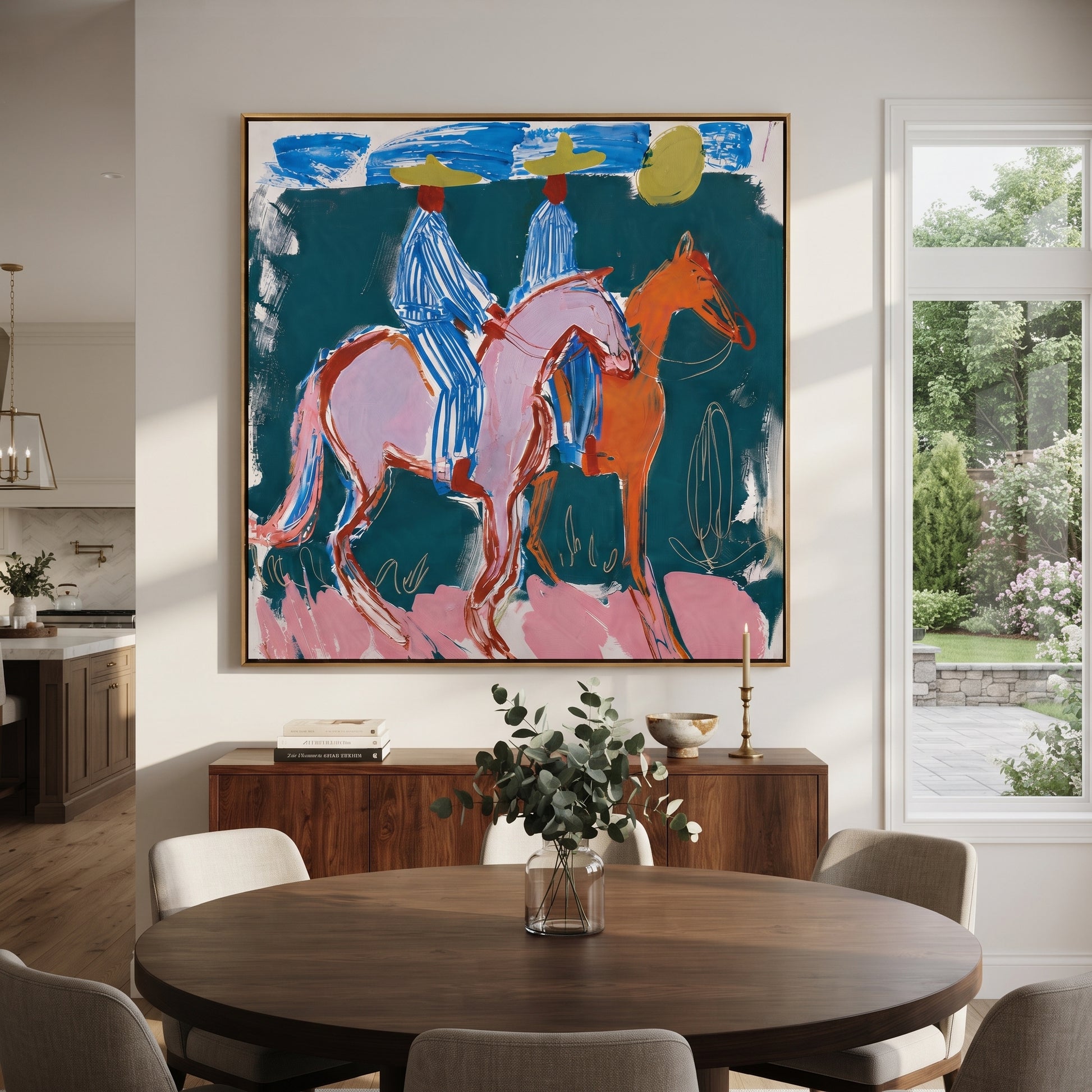 Blue Stripes Cross Teal - blue horse riders painting by Savannah Reed, modern folk art square wall art – styled room scene view 4