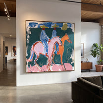 Blue Stripes Cross Teal - blue horse riders painting by Savannah Reed, modern folk art square wall art – styled room scene view 5