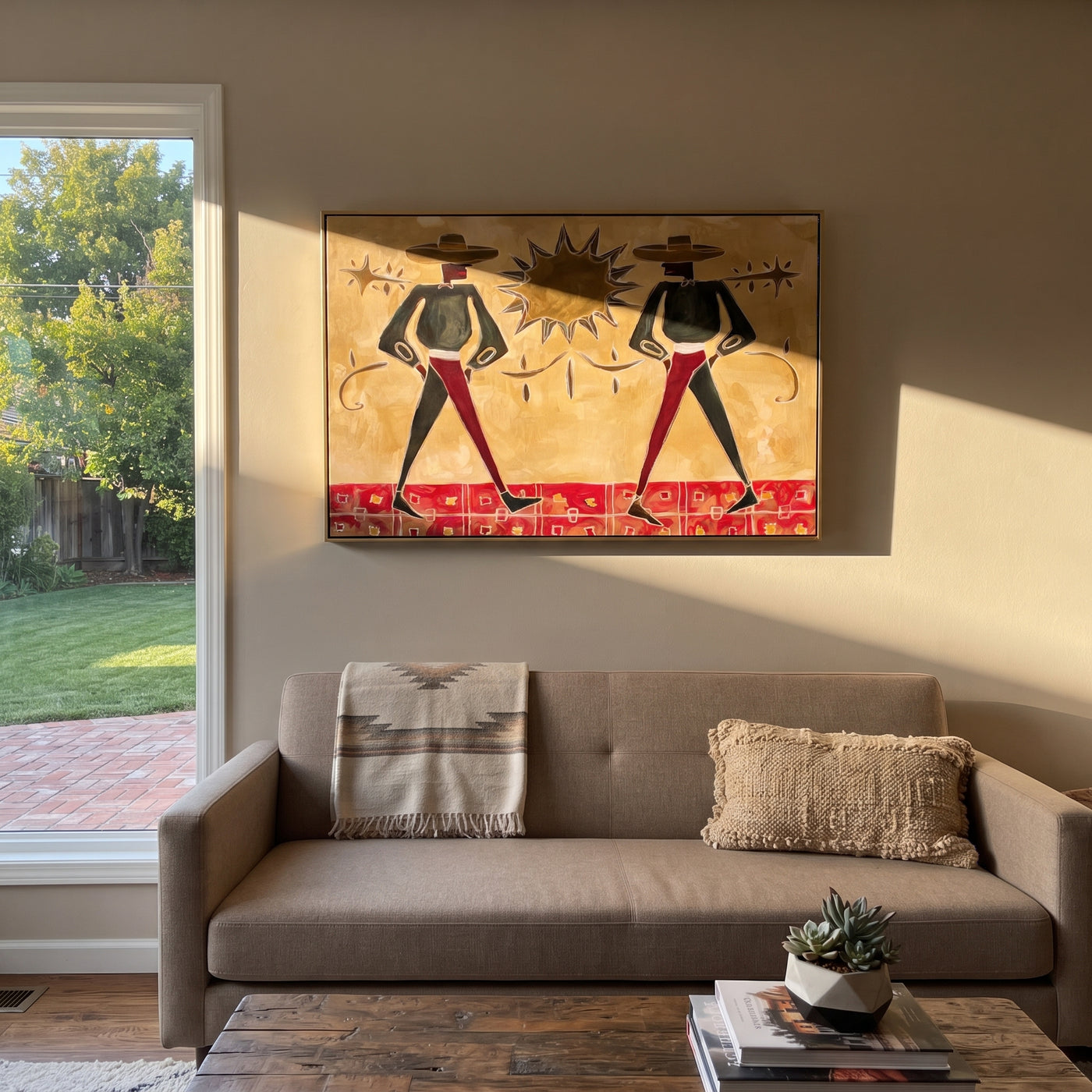 Twin Cowboys Split Sun - starburst cowboy pair painting by Savannah Reed, modern folk art horizontal wall art – styled room scene view 1