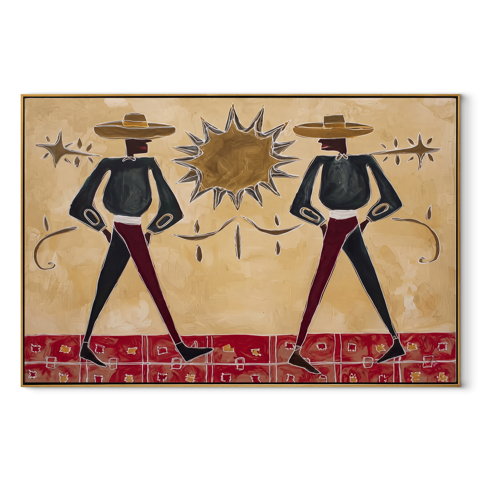 Twin Cowboys Split Sun - starburst cowboy pair painting by Savannah Reed, modern folk art horizontal wall art – wood frame on white background