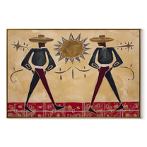 Twin Cowboys Split Sun - starburst cowboy pair painting by Savannah Reed, modern folk art horizontal wall art – wood frame on white background