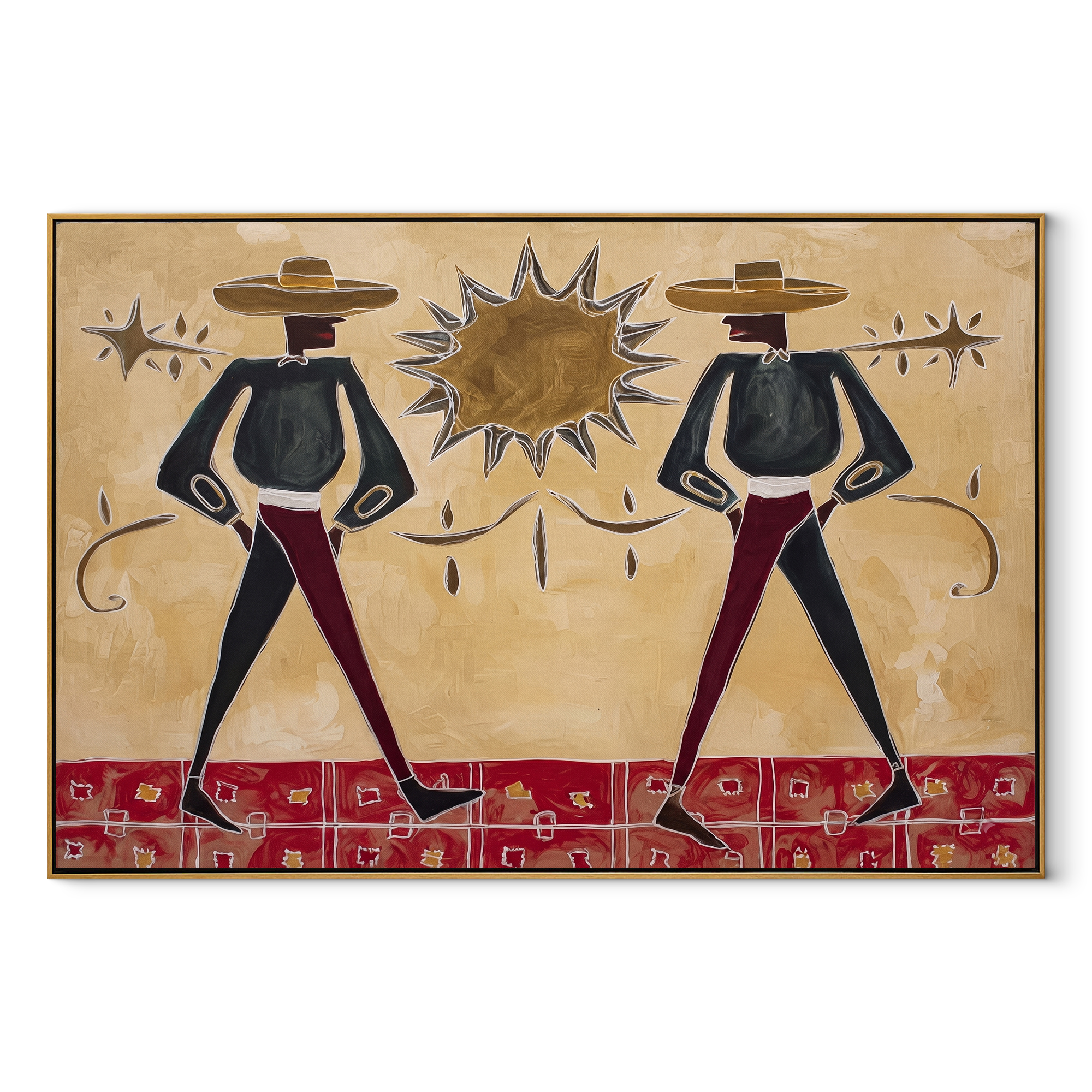 Twin Cowboys Split Sun - starburst cowboy pair painting by Savannah Reed, modern folk art horizontal wall art – wood frame on white background