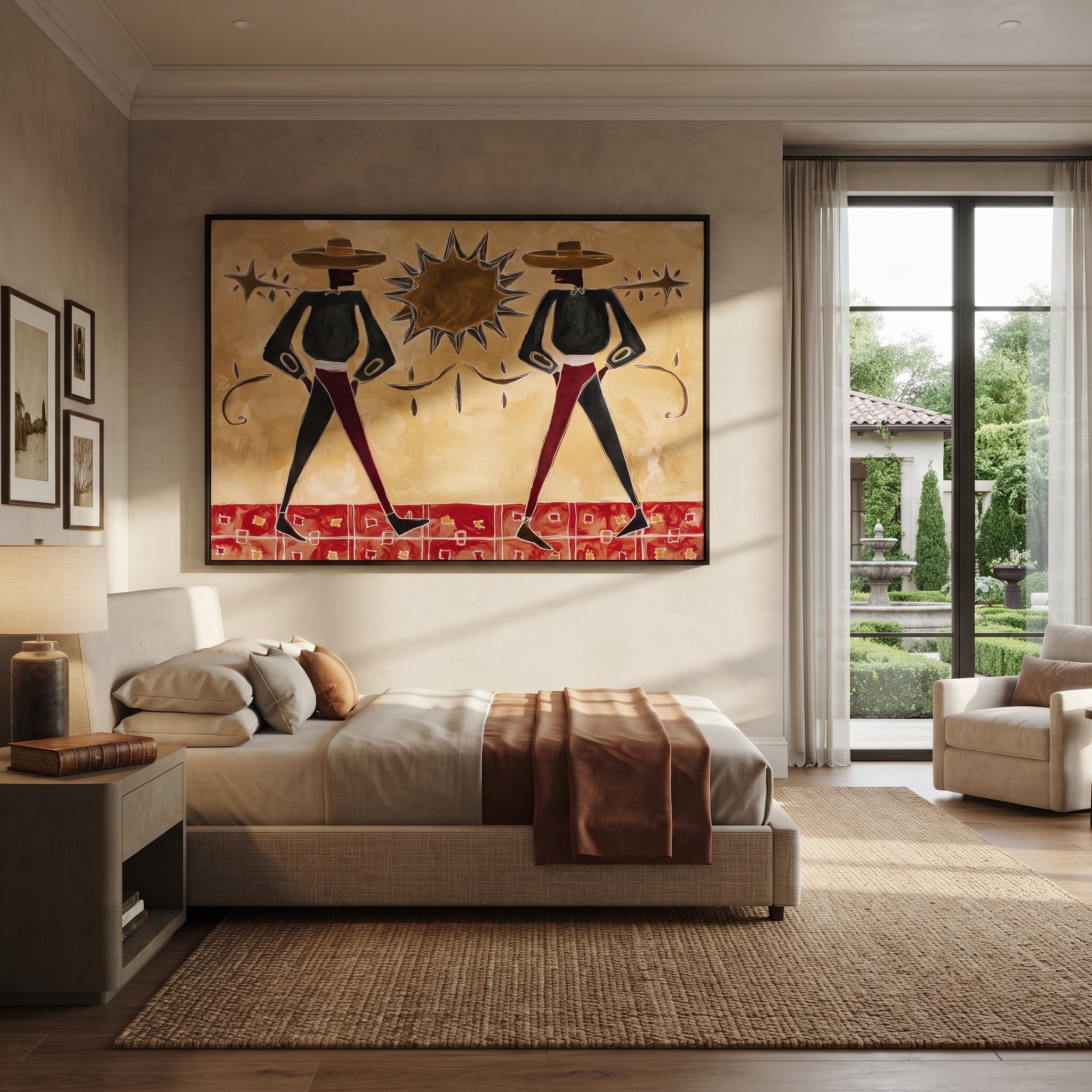 Twin Cowboys Split Sun - starburst cowboy pair painting by Savannah Reed, modern folk art horizontal wall art – styled room scene view 2