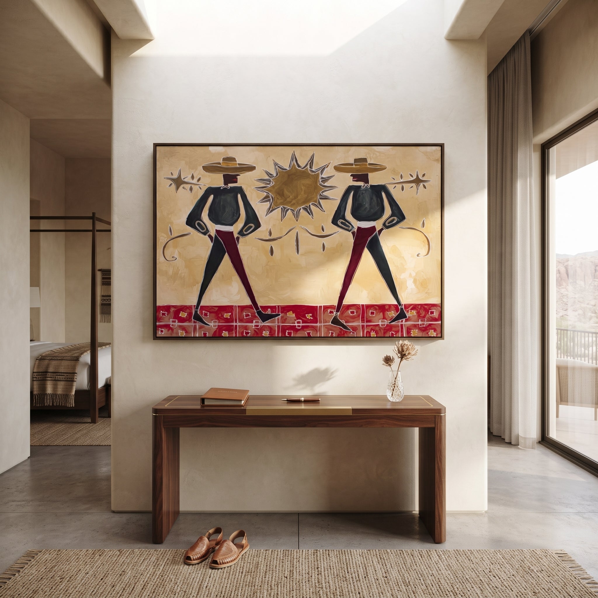 Twin Cowboys Split Sun - starburst cowboy pair painting by Savannah Reed, modern folk art horizontal wall art – styled room scene view 3