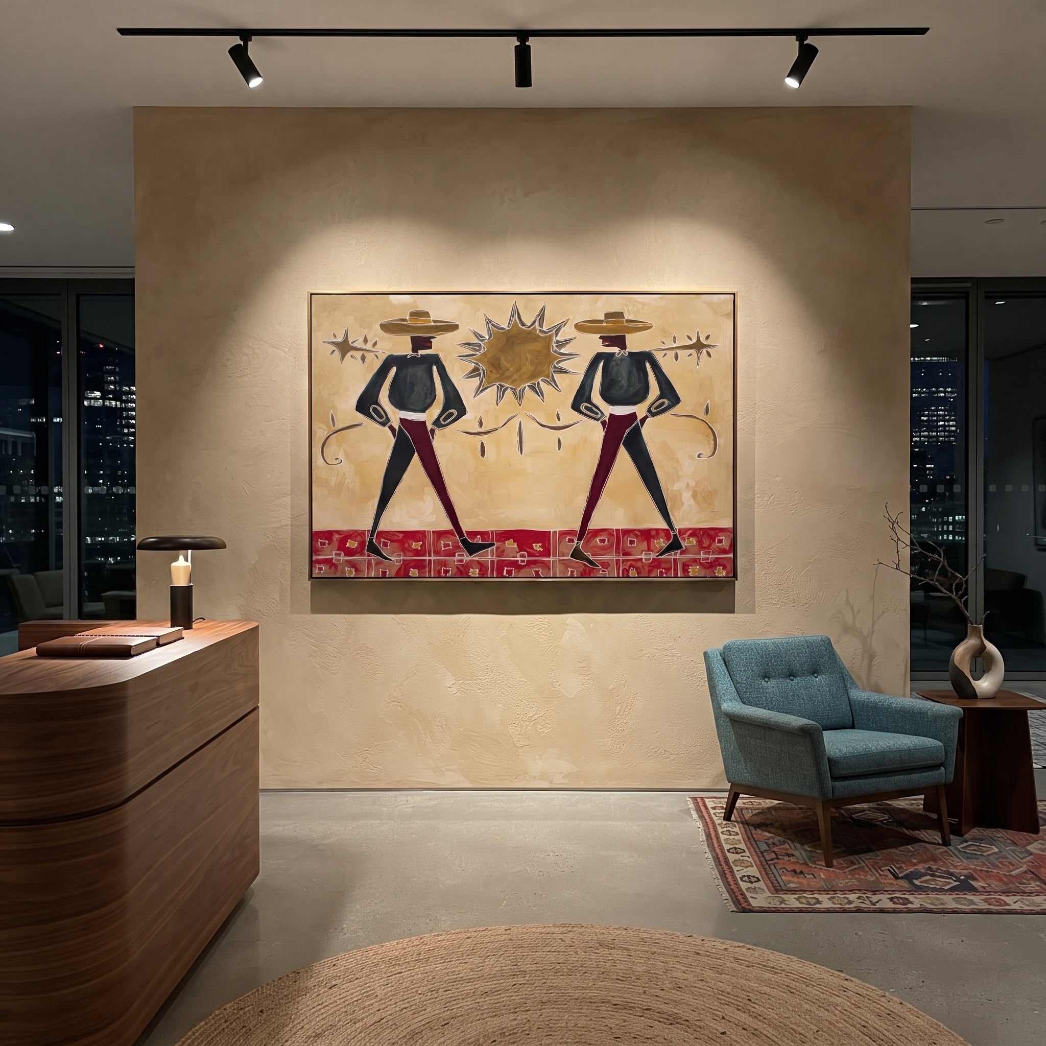 Twin Cowboys Split Sun - starburst cowboy pair painting by Savannah Reed, modern folk art horizontal wall art – styled room scene view 4
