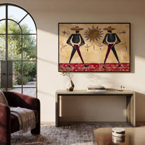 Twin Cowboys Split Sun - starburst cowboy pair painting by Savannah Reed, modern folk art horizontal wall art – styled room scene view 5