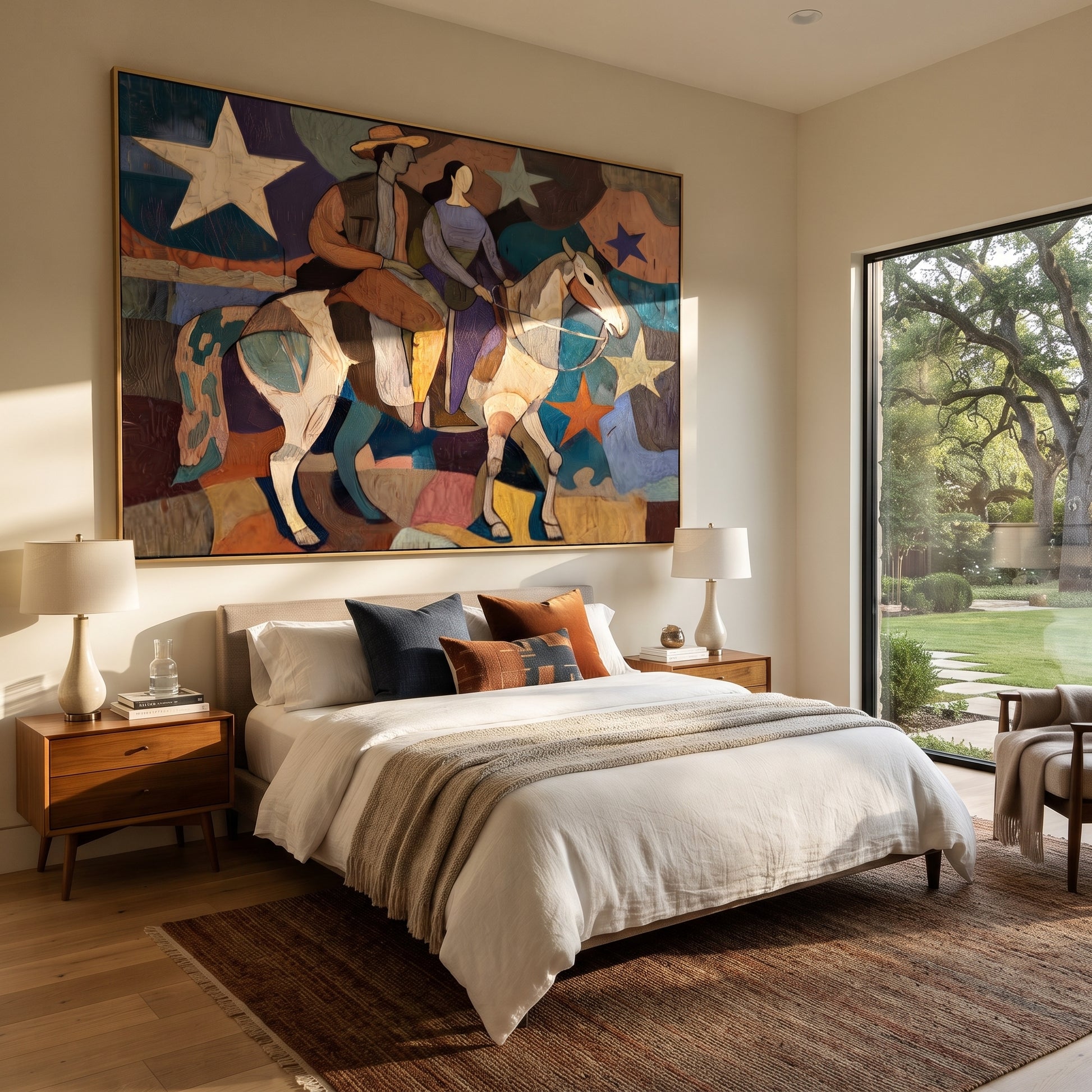 Two Riders Cross Stars - cowboy cowgirl horse painting by Savannah Reed, modern folk art horizontal wall art - styled room scene view 1