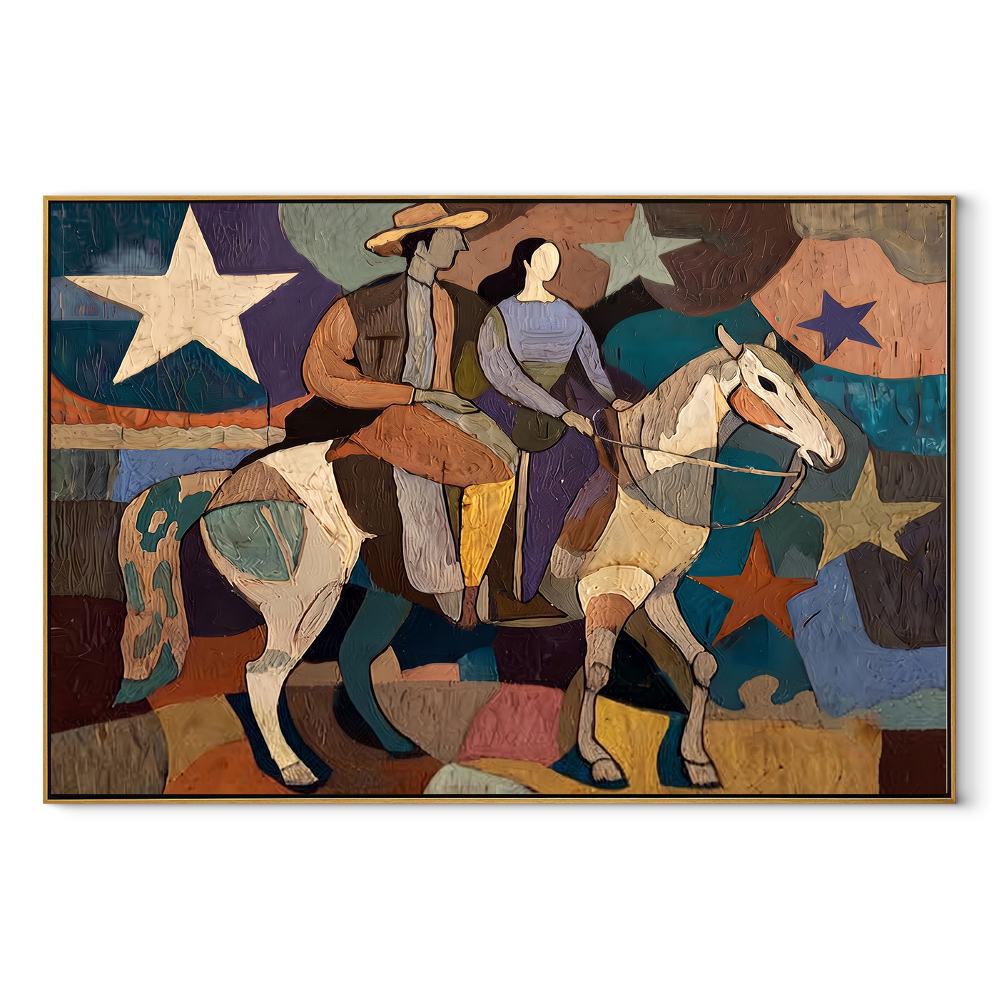 Two Riders Cross Stars - cowboy cowgirl horse painting by Savannah Reed, modern folk art horizontal wall art - wood frame on white background