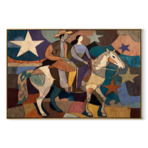 Two Riders Cross Stars - cowboy cowgirl horse painting by Savannah Reed, modern folk art horizontal wall art - wood frame on white background
