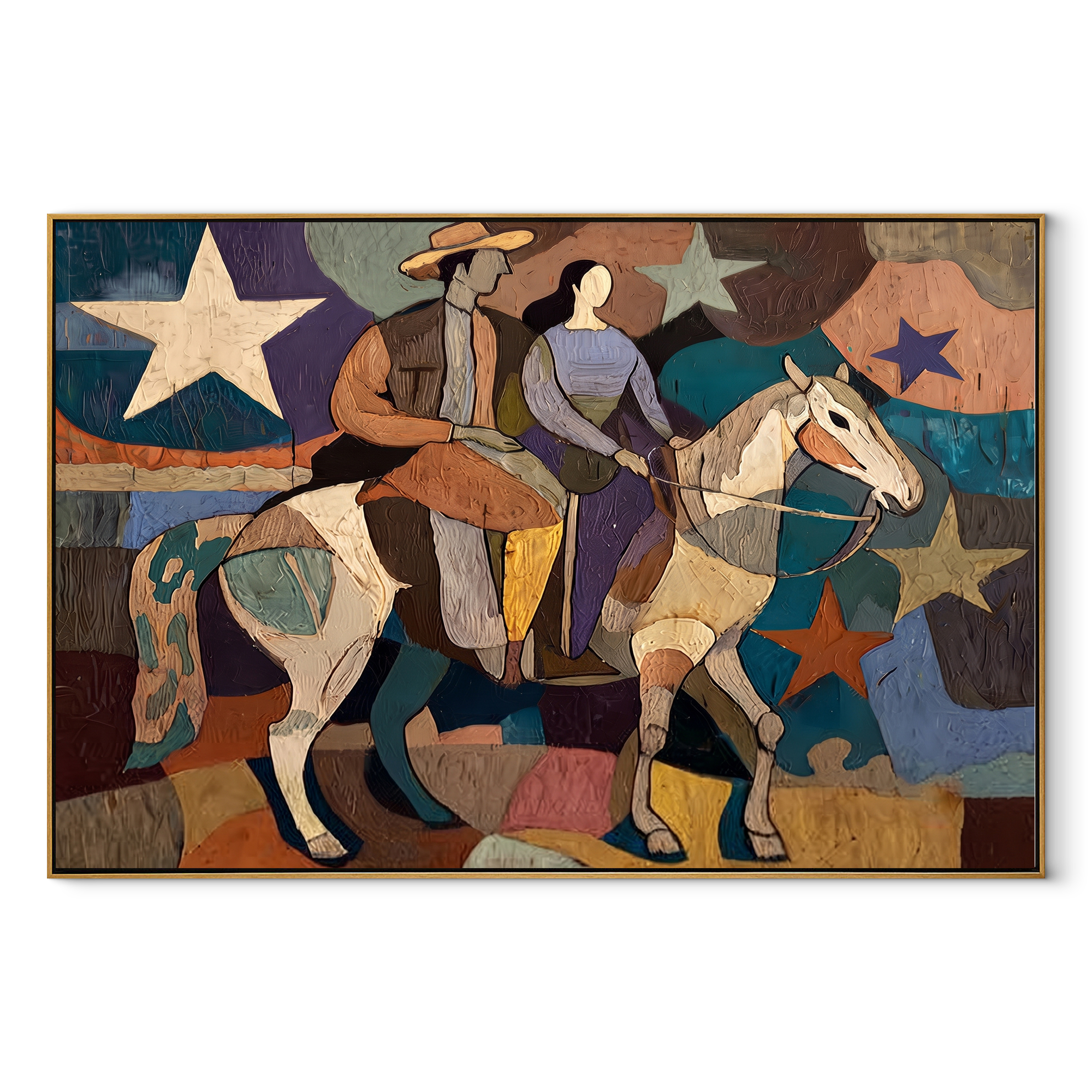 Two Riders Cross Stars - cowboy cowgirl horse painting by Savannah Reed, modern folk art horizontal wall art - wood frame on white background