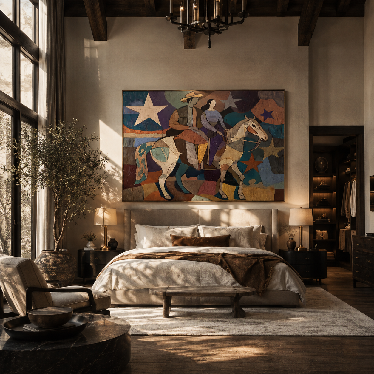 Two Riders Cross Stars - cowboy cowgirl horse painting by Savannah Reed, modern folk art horizontal wall art - styled room scene view 3