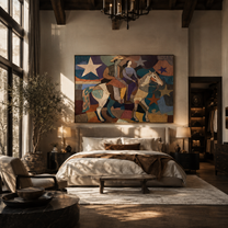 Two Riders Cross Stars - cowboy cowgirl horse painting by Savannah Reed, modern folk art horizontal wall art - styled room scene view 3