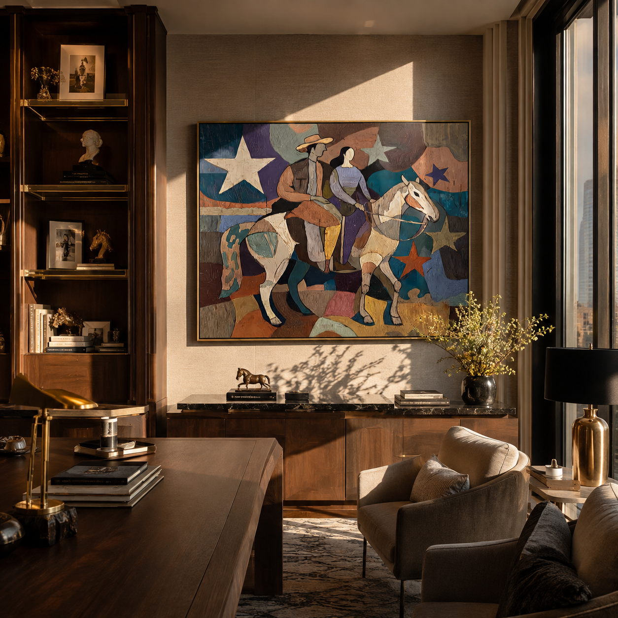 Two Riders Cross Stars - cowboy cowgirl horse painting by Savannah Reed, modern folk art horizontal wall art - styled room scene view 4