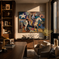 Two Riders Cross Stars - cowboy cowgirl horse painting by Savannah Reed, modern folk art horizontal wall art - styled room scene view 4