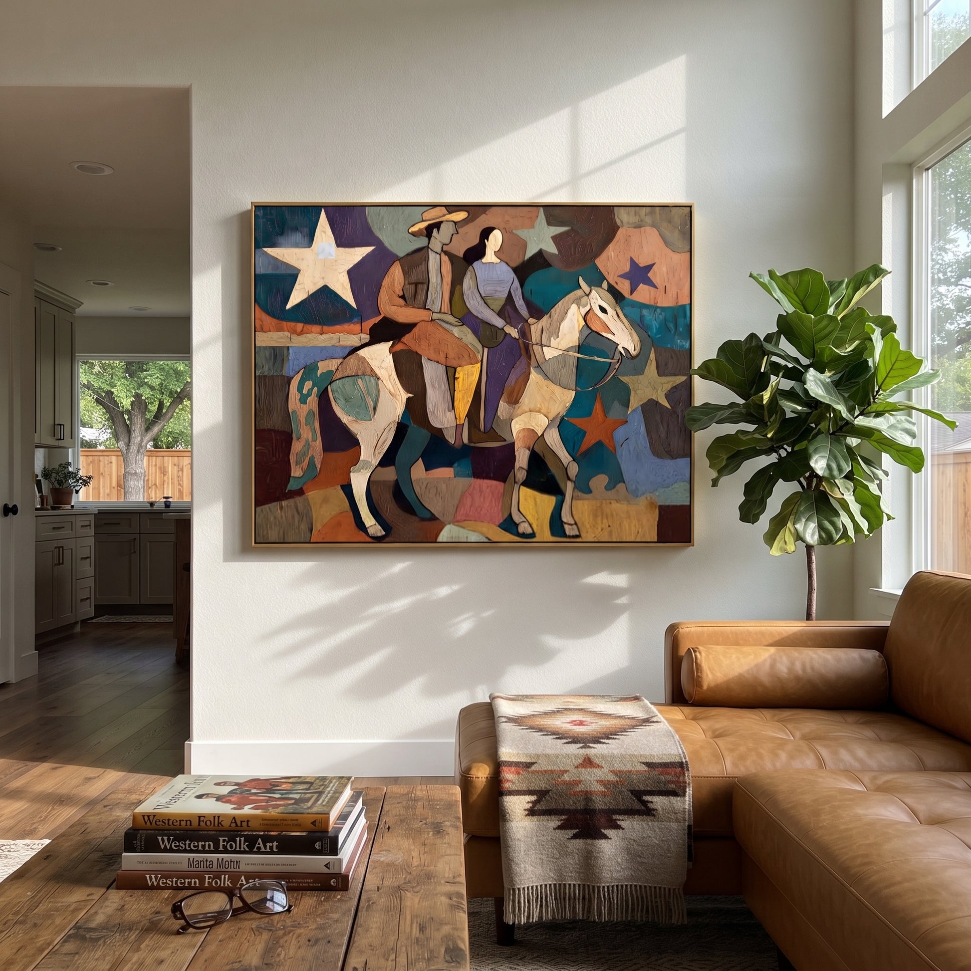 Two Riders Cross Stars - cowboy cowgirl horse painting by Savannah Reed, modern folk art horizontal wall art - styled room scene view 5