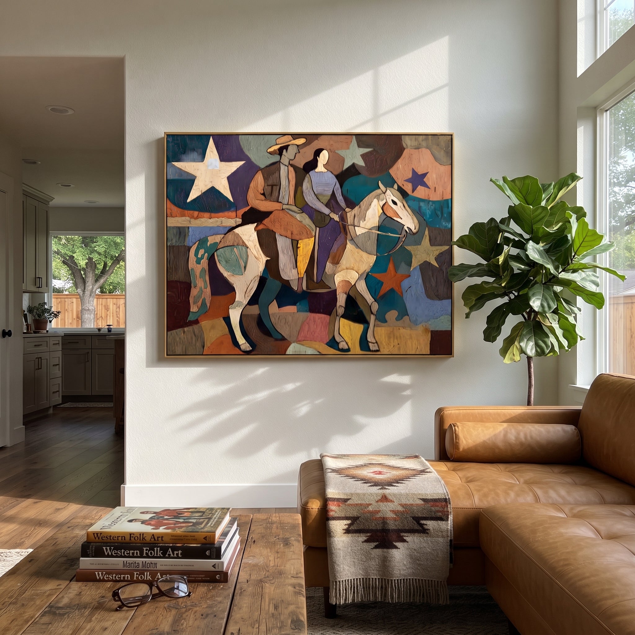 Two Riders Cross Stars - cowboy cowgirl horse painting by Savannah Reed, modern folk art horizontal wall art - styled room scene view 5